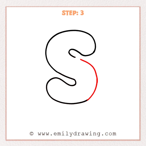how to draw a bubble letter s - The bubble letter S begins to take shape as a thick outer outline is traced around the top and middle curves, leaving part of the right side still to be completed.